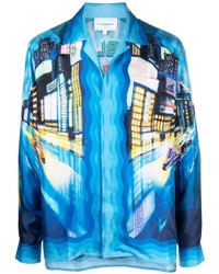 Chemise à manches longues en soie imprimée turquoise Casablanca