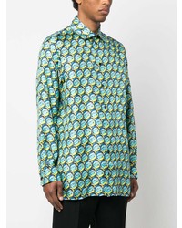 Chemise à manches longues en soie imprimée turquoise Botter