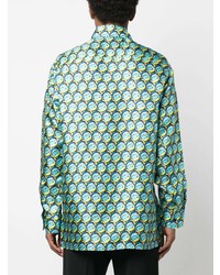 Chemise à manches longues en soie imprimée turquoise Botter