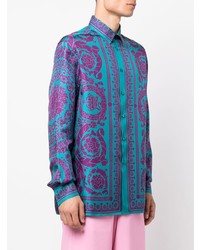 Chemise à manches longues en soie imprimée turquoise Versace
