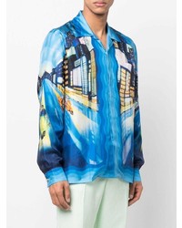 Chemise à manches longues en soie imprimée turquoise Casablanca