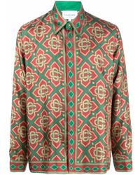 Chemise à manches longues en soie imprimée verte Casablanca