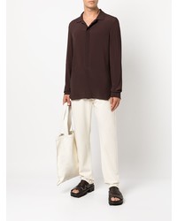 Chemise à manches longues en soie marron foncé Rick Owens