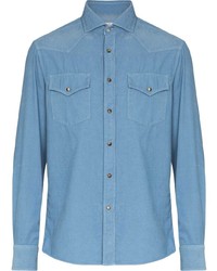 Chemise à manches longues en velours côtelé bleu clair Brunello Cucinelli