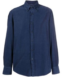 Chemise à manches longues en velours côtelé bleu marine Brunello Cucinelli