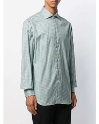 Chemise à manches longues en vichy blanc et vert Kiton