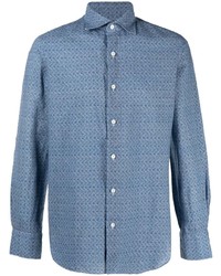 Chemise à manches longues géométrique bleue Finamore 1925 Napoli