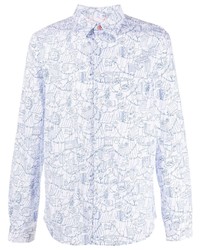 Chemise à manches longues imprimée blanc et bleu marine PS Paul Smith
