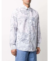 Chemise à manches longues imprimée blanc et bleu marine Kenzo