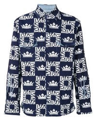 Chemise à manches longues imprimée bleu marine et blanc Dolce & Gabbana