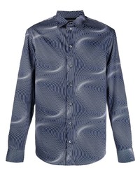 Chemise à manches longues imprimée bleu marine et blanc Emporio Armani
