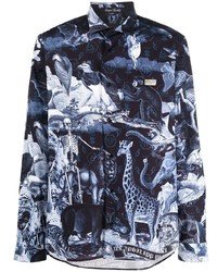 Chemise à manches longues imprimée bleu marine Philipp Plein