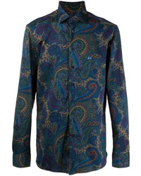 Chemise à manches longues imprimée cachemire bleu marine Etro