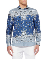 Chemise à manches longues imprimée cachemire bleue Etro