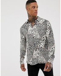 Chemise à manches longues imprimée léopard blanche et noire Pull&Bear