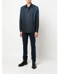 Chemise à manches longues imprimée léopard bleu marine Roberto Cavalli