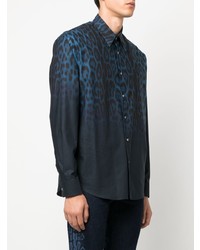 Chemise à manches longues imprimée léopard bleu marine Roberto Cavalli