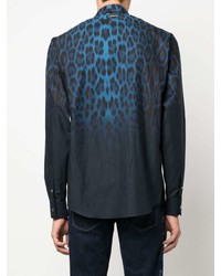 Chemise à manches longues imprimée léopard bleu marine Roberto Cavalli