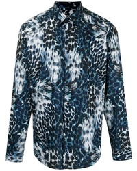 Chemise à manches longues imprimée léopard bleu marine Roberto Cavalli