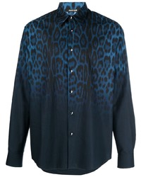 Chemise à manches longues imprimée léopard bleu marine Roberto Cavalli