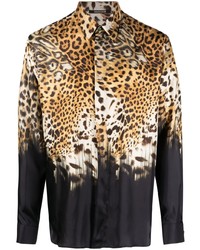 Chemise à manches longues imprimée léopard marron clair Roberto Cavalli