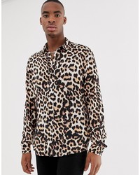 Chemise à manches longues imprimée léopard marron