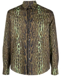 Chemise à manches longues imprimée léopard marron Roberto Cavalli