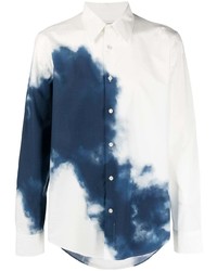Chemise à manches longues imprimée tie-dye blanc et bleu marine Alexander McQueen