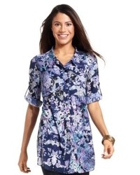 Chemise boutonnée à manches courtes à fleurs bleu marine