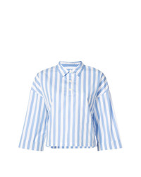 Chemise boutonnée à manches courtes à rayures verticales bleu clair Kule