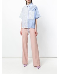 Chemise boutonnée à manches courtes à rayures verticales bleu clair Victoria Victoria Beckham