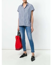 Chemise boutonnée à manches courtes à rayures verticales bleue Woolrich