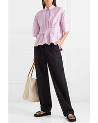 Chemise boutonnée à manches courtes à rayures verticales rose Cédric Charlier