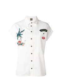 Chemise boutonnée à manches courtes en denim ornée blanche Mr & Mrs Italy