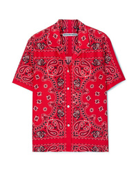 Chemise boutonnée à manches courtes en soie imprimée rouge