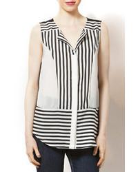 Chemise boutonnée sans manches à rayures verticales blanche et noire