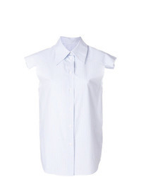 Chemise boutonnée sans manches à rayures verticales bleu clair