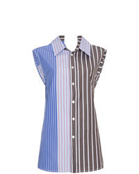 Chemise boutonnée sans manches à rayures verticales bleue