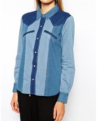 Chemise en jean à patchwork bleue