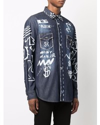 Chemise en jean imprimée bleu marine Philipp Plein