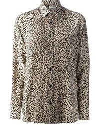 Chemise en soie imprimée léopard marron Saint Laurent