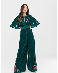 Combinaison pantalon brodée vert foncé