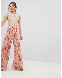 Combinaison pantalon en dentelle à fleurs rose