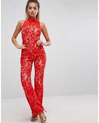Combinaison pantalon en dentelle rouge PrettyLittleThing