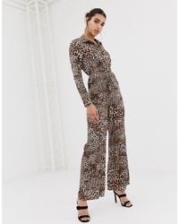 Combinaison pantalon imprimée léopard marron PrettyLittleThing