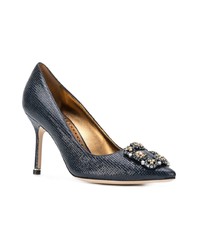 Escarpins en cuir ornés bleu marine Manolo Blahnik