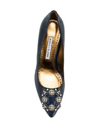 Escarpins en cuir ornés bleu marine Manolo Blahnik