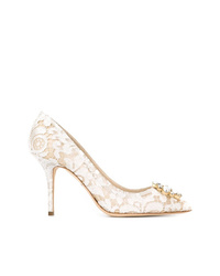 Escarpins en dentelle ornés beiges Dolce & Gabbana