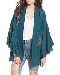 Kimono à fleurs bleu canard