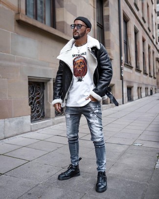 Comment porter une veste en peau de mouton retournée noire pour un style relax quand il fait frais